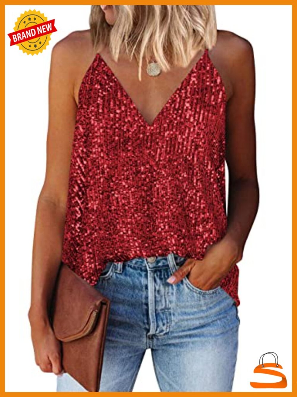 Sequin Sparkle V Neck Tank Top - Strappy Sleeveless Camisole